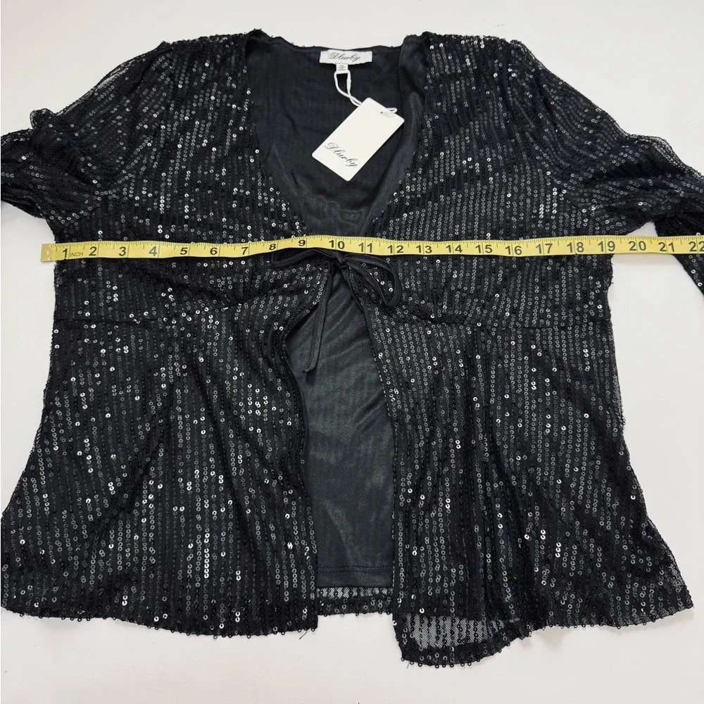 Women’s LinedTie Front Long Sleeve Sequin Cardigan Top Black XL NWT